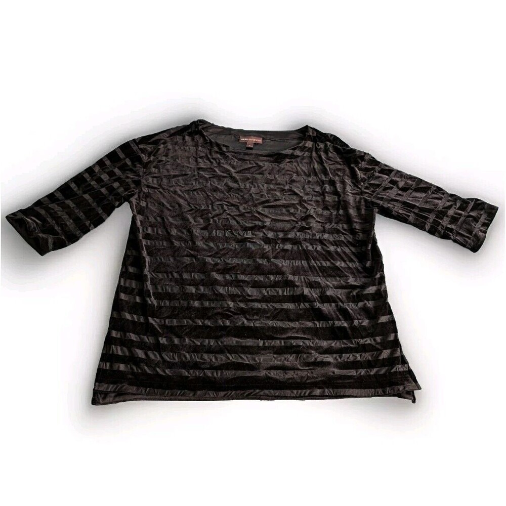 DANA BUCHMAN Shirt Top Black Stripe Velvet Sheer Blouse 3/4 Sleeve Sz XL